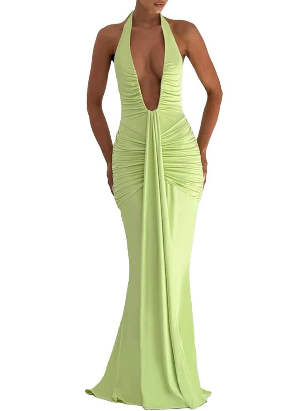 Women's Green V Neck Ruched Polyester Sleeveless Halter Cocktail Maxi Dress
